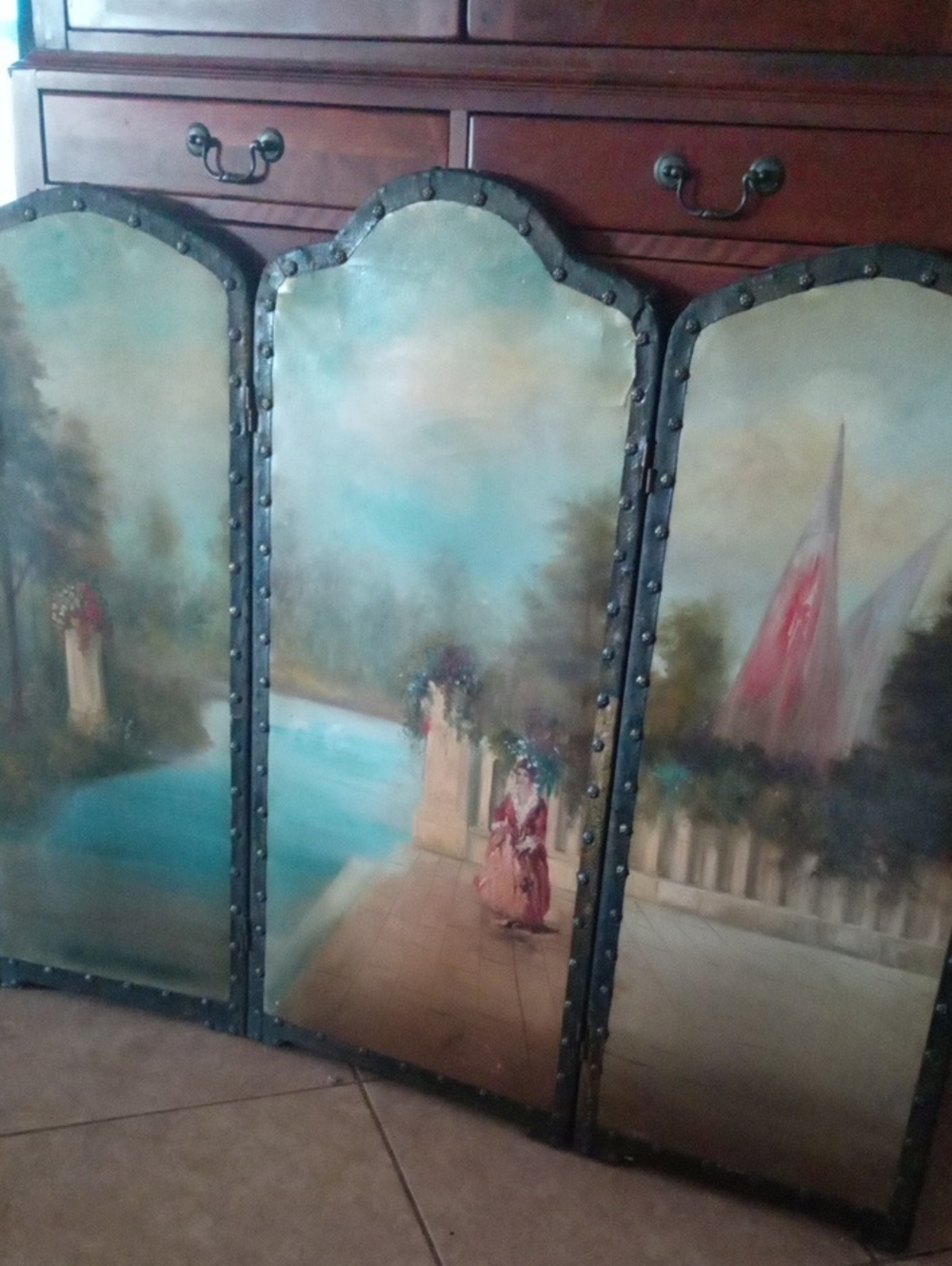 Rare Antique French Rococo Hand-Painted Leather Fireplace / Accent Screen